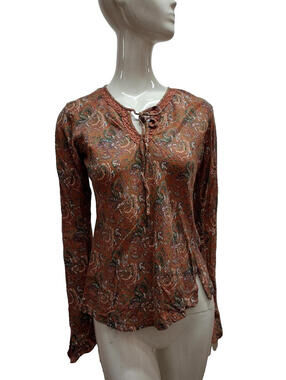 FUNKY PEOPLE 90s Grunge Long Sleeve Slinky Top Brown Paisley Boho S Med